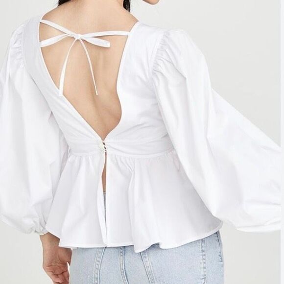 Staud White Poplin Balloon Sleeve Peplum Waist V-Neck Blouse NWT Size 8/Medium - Picture 2 of 8